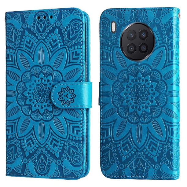 Funda tipo cartera FOXDOCK para Honor 50 Lite , diseño girasol en relieve, cuero PU, cierre magnético, soporte y tarjetero