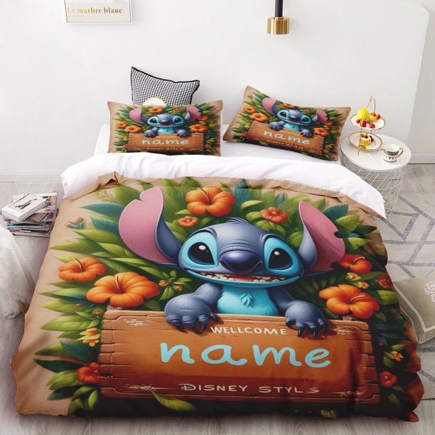 Customizable Stitch Cartoon Duvet Cover with Pillowcases Cartoon Personalized Name Bedding Set for Kids Teens GiftBed Sheets