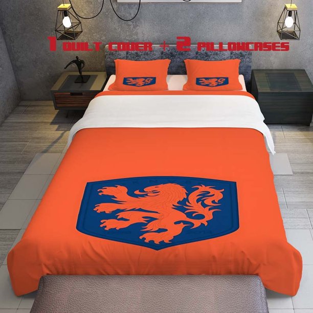 3pcs Holland Team Logo Orange Lion Blue Shield KNVB Logo Themed Print Three Piece Bedding Set Soft Quilt Cover And Two Pillowcases