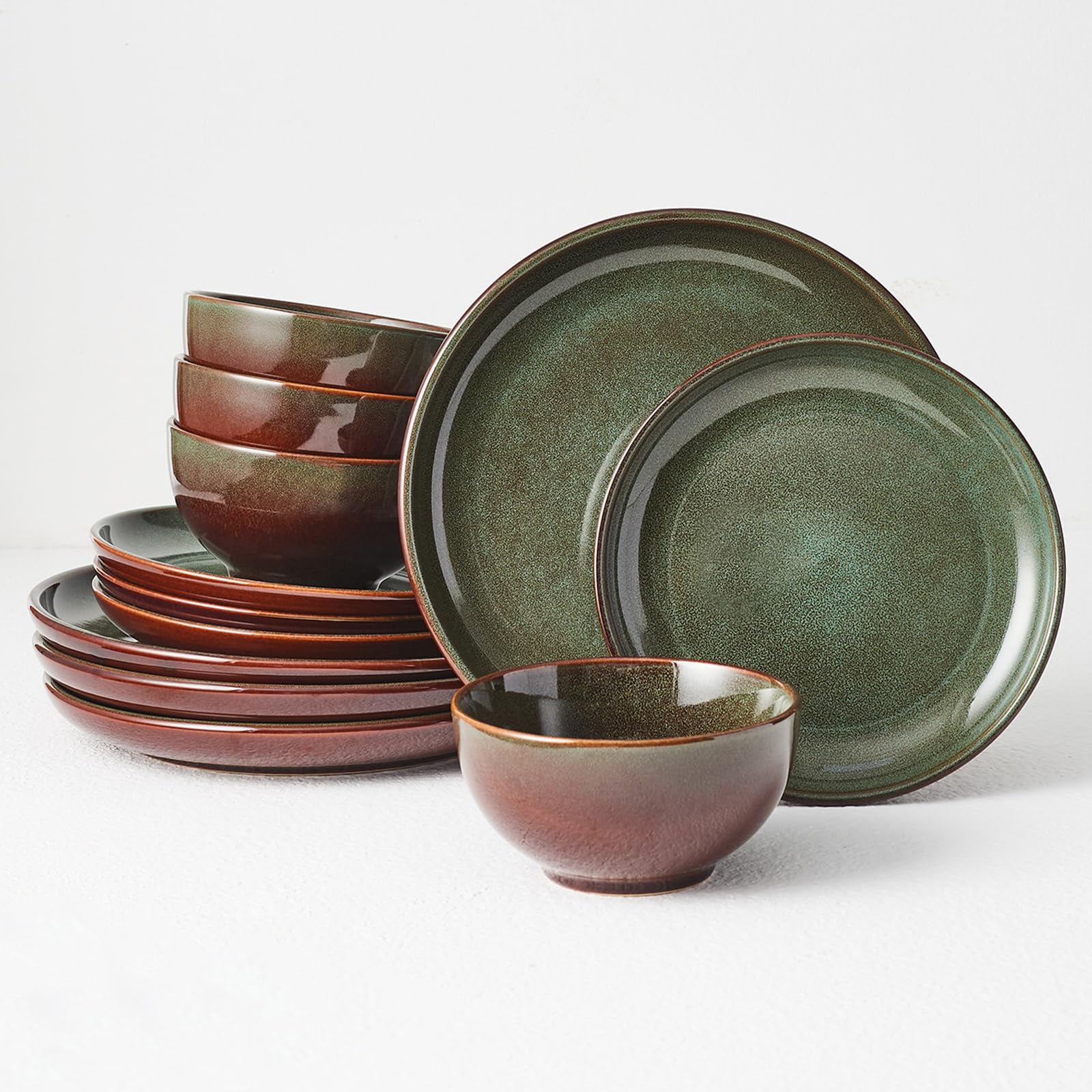 Juego De Vajilla Pokini Stoneware Service 4, 12 Piezas, Marrón Y Verde