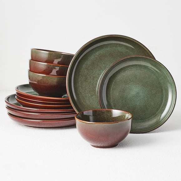 Juego de vajilla Pokini Stoneware Service 4, 12 piezas, marrón y verde
