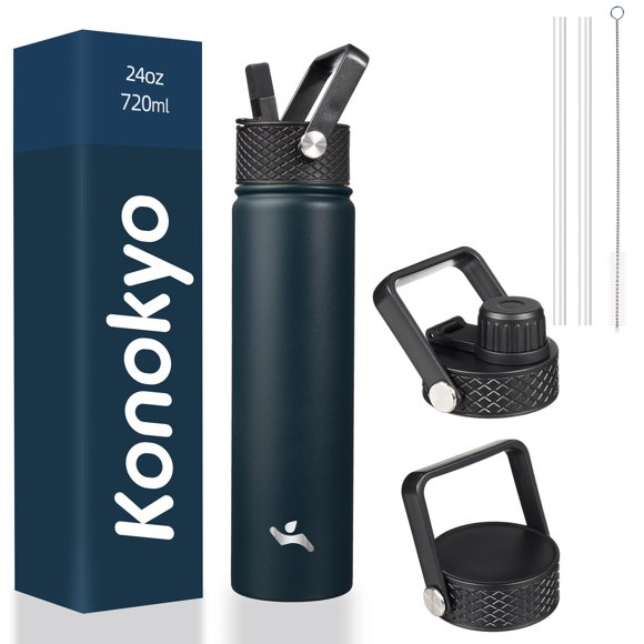 Botella de agua Konokyo de 720 ml de acero inoxidable con 3 tapas azul marino