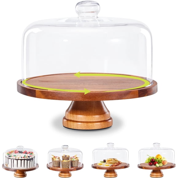 Soporte para Pastel Yangbaga de Madera Giratorio de 28 cm con Tapa de Vidrio