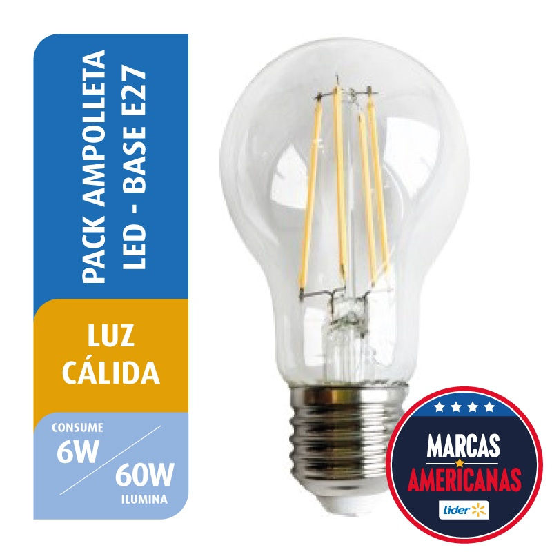 Pack 4 Ampolletas Led Filamento A60 6w Luz Cálida Base E27 4 Un Great Value