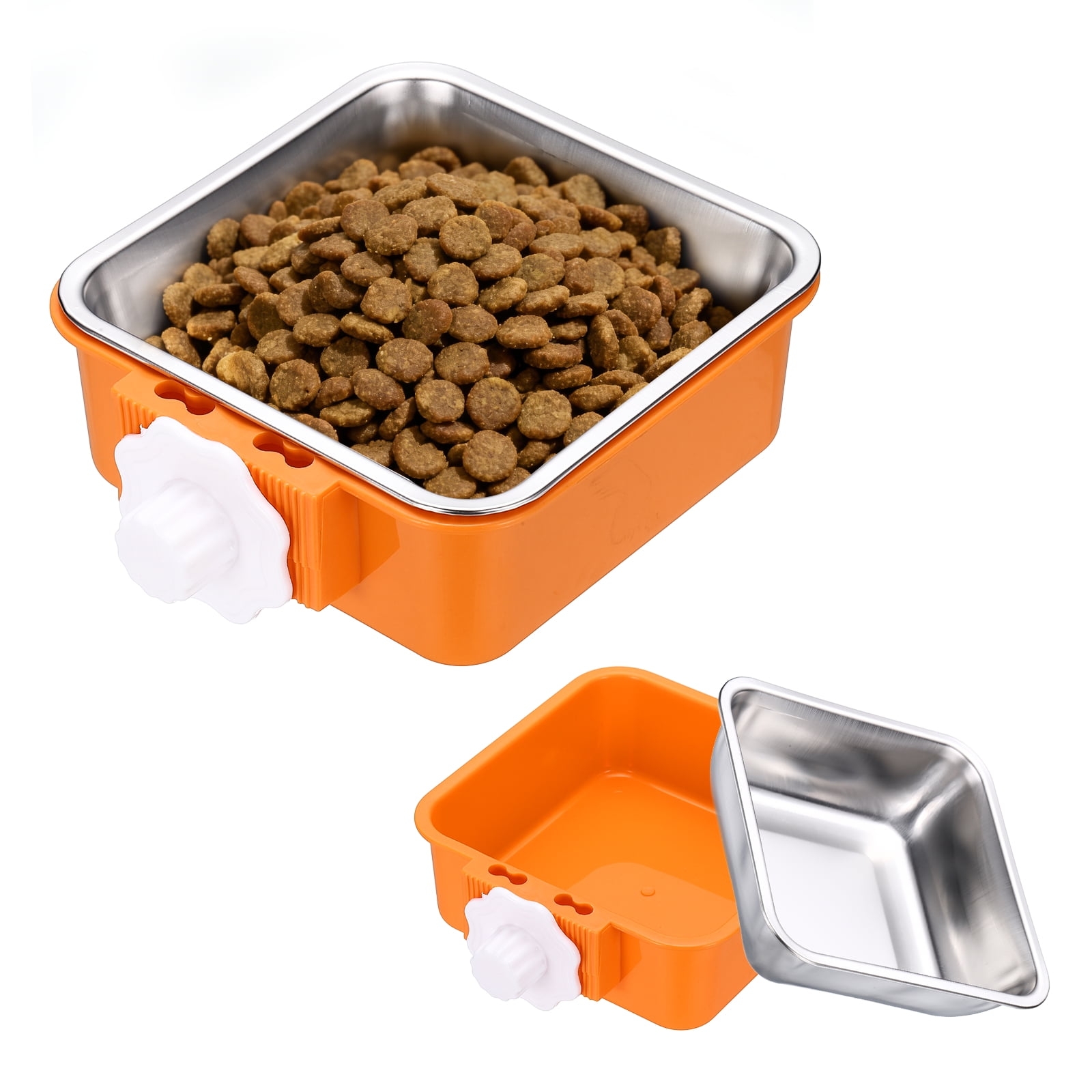Uxcell Cuenco para Jaula de Perro, Comedero de Agua y Comida Antivuelco de Acero Inoxidable Desmontable para Jaula de Mascotas (Cuadrado, Naranja, 17.7oz), Destinado para Cachorros/Gato/Conejo/Pájaro