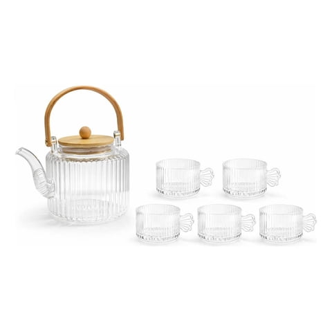 Tecnofonia - Set De Tetera De Vidrio Con Tazas Asa Y Tapa De Bambú Vidrio