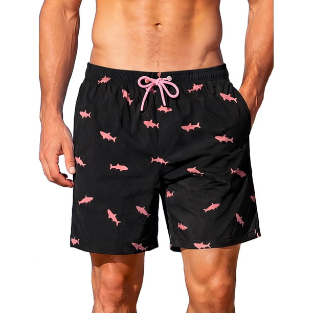 INSPIRE CHIC Pantalones Cortos de Natación Hawaianos para Hombre con Cintura Elástica y Cordón, Forro Estampado, Talla S, Negro