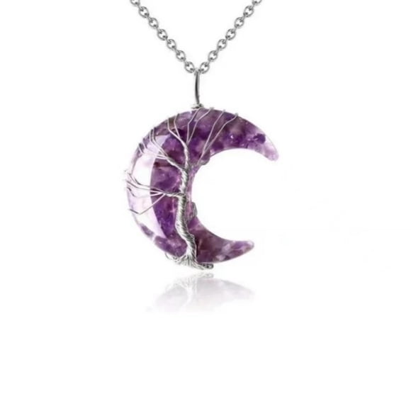 Collar HESHPAWS Tree of Life Wire Wrapped Crescent Moon 7 Chakra Healing Crystal