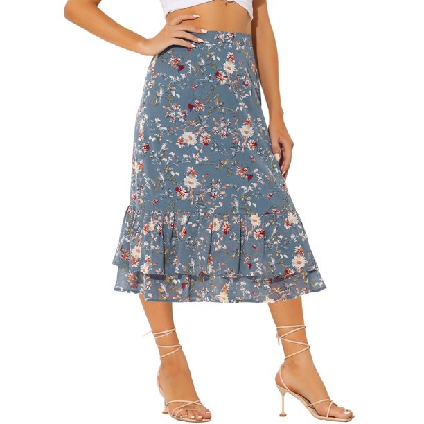 Faldas de Chifón para Mujer INSPIRE CHIC Cintura Elástica Volantes en Capas Faldas Midi Florales Azul Polvoriento-Floral XL