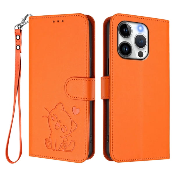 Funda Billetera con Relieve de Gato para iPhone 15 Pro, Naranja