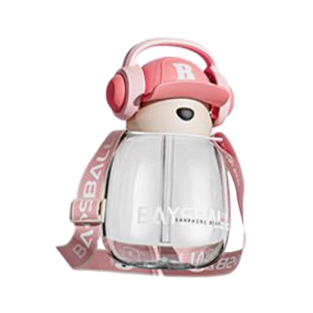 Botella de bebida para niños, botella de bebida deportiva con correa de 650ml, gran capacidad, portátil, antifugas, bonita botella de agua para deport rosa transparente