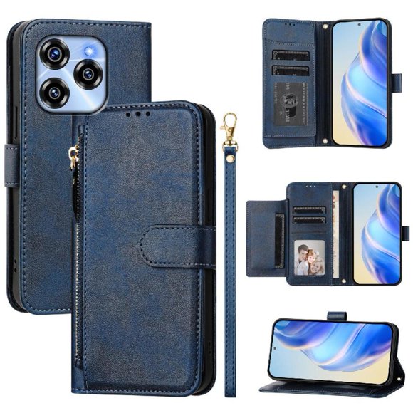Funda tipo cartera para Oukitel C50 con bolsillo con cremallera, tarjetero, soporte, correa para la muñeca y tapa de cuero azul