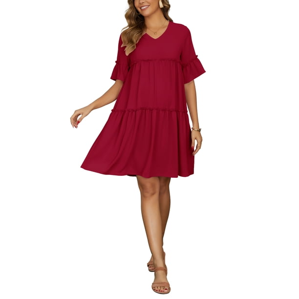 INSPIRE CHIC Vestido de maternidad para el Día de la Madre de las mujeres, bohemio, con volantes en capas, manga acampanada, casual, cuello en V, vestido de embarazo boho, talla L, rojo