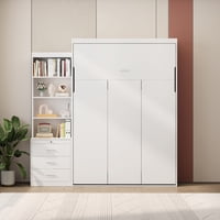 M&Ms - Morden Design Full Size Vertical Murphy Bed With Shelf And Drawers For Bedroom Or Guestroom White Wall Bed Space Saving Hidden Bed With New Style Gas Struts