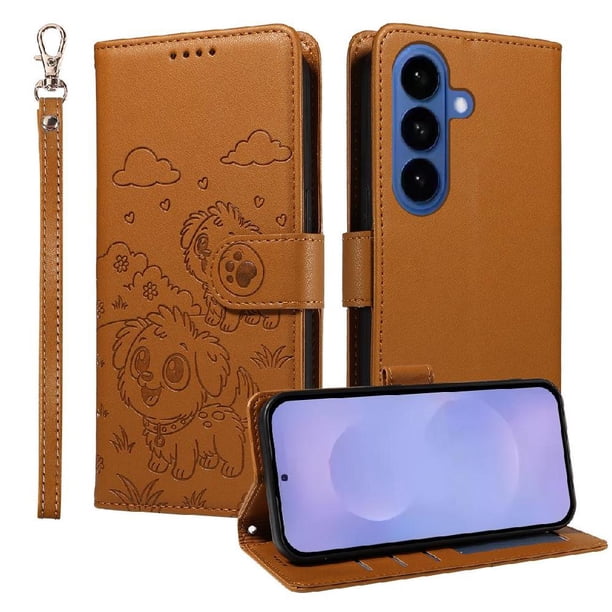 Funda Cartera para Samsung Galaxy S26 Perro Cachorro Grabado con Tarjetas Soporte Correa Marrón