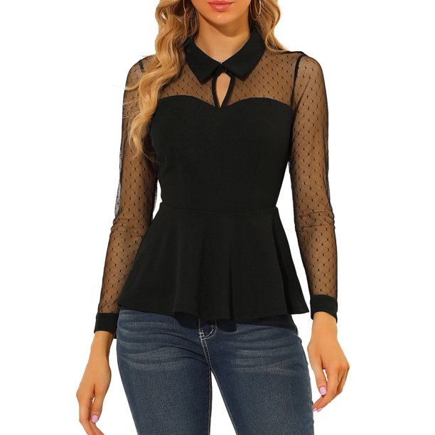 INSPIRE CHIC Blusa de Mujer de Malla Transparente con Peplum, Manga Larga, Cuello con Abertura, Dobladillo con Volantes y Cuello Abatible L Negro