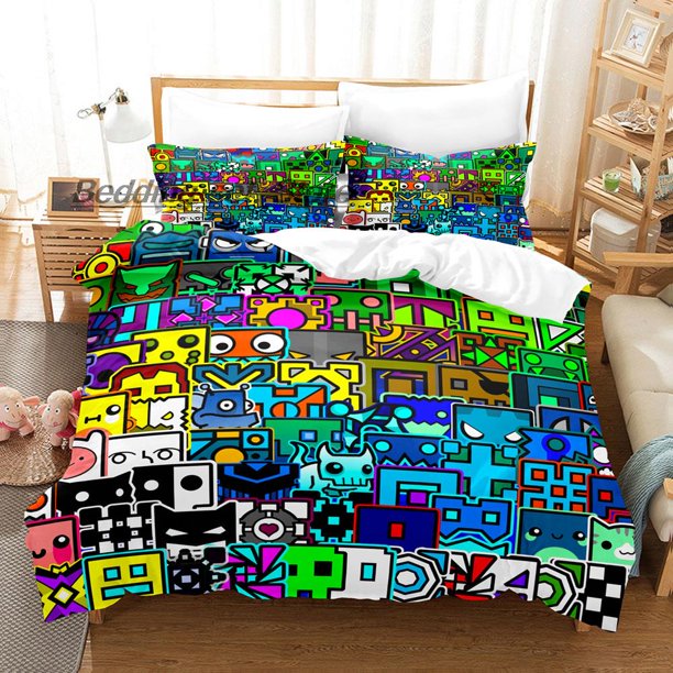 x1737 Bed SheetsHip Hop Angry Geometry Dash Bedding Set Twin Full Size Bed Set Game Bedroom Duvetcover Sets Anime Bed 3-Piece Bedding Set (1 Duvet Cover + 2 Pillow Shams) nj1737