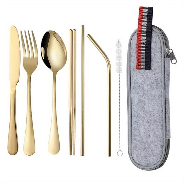 Travel in Style with our 8-Piece Stainless Steel Portable Utensils Set - Knife, Fork, Spoon, Chopsticks, Cleaning Brush, Straws, and Portable Case