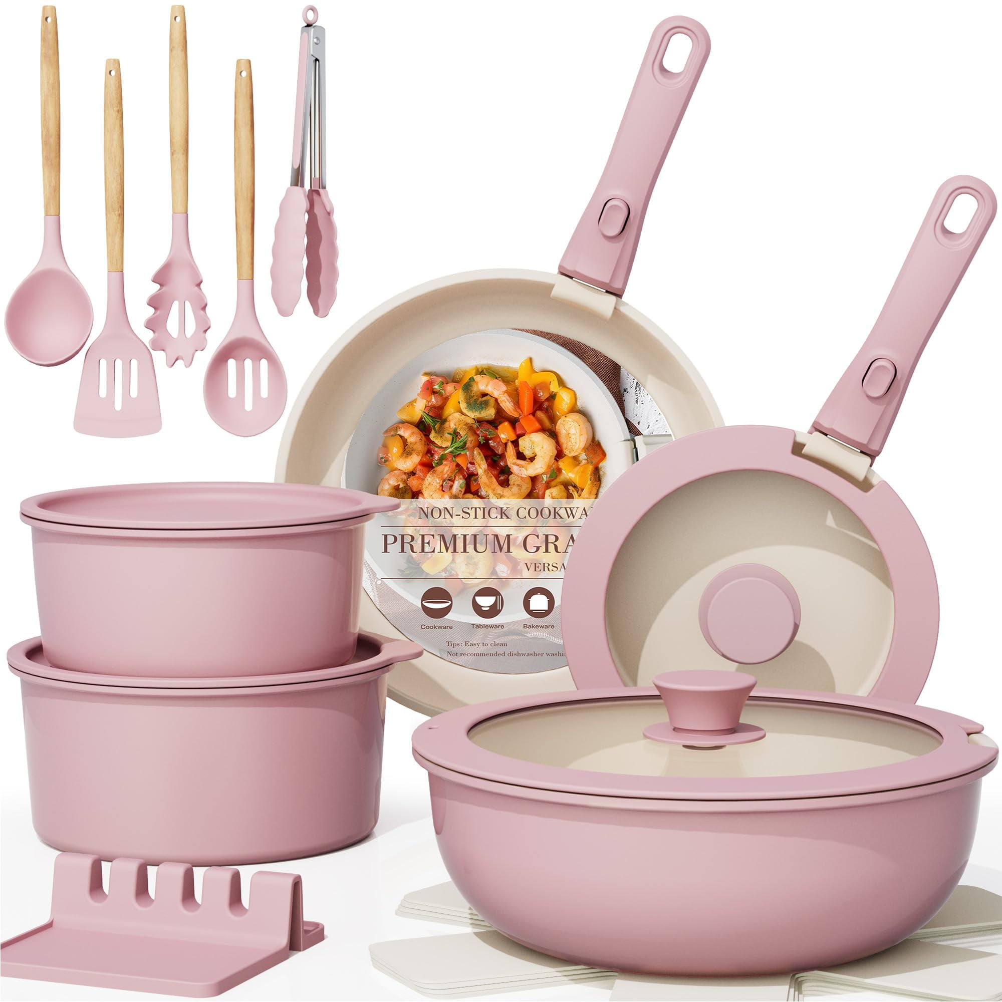 Juego De Utensilios De Cocina Astercook, 21 Unidades, Cerámica Antiadherente, Color Rosa
