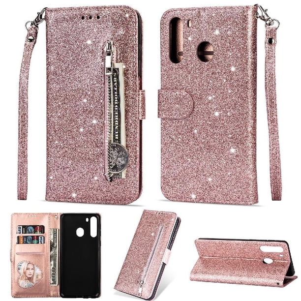 Funda para FOXDOCK Elegante funda Samsung Galaxy A21 Glitter con cremallera-Ideal para el uso diario
