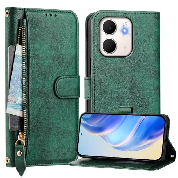 FOXDOCK Funda Tipo Cartera para Tecno Hot 9 Pro Cuero PU con Cremallera y Correa de Muñeca, Ranuras para Tarjetas, Soporte Plegable, Cierre Magnético
