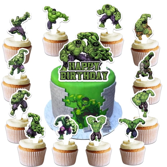 Suministros para fiestas de cumpleaños LDAKZFV Hulk con 1 adorno para tartas, 24 adornos para magdal