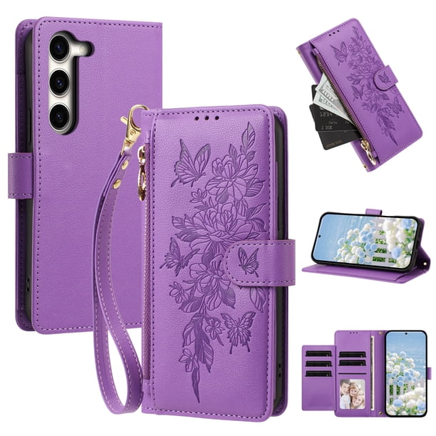 Funda Billetera Floral en Relieve samsung galaxy S23 con Tarjetero y Cremallera Morado