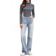 thumbnail image 2 of INSPIRE CHIC Blusa de mujer de cuello alto a rayas de Halloween de manga larga para fiesta de Navidad para uso casual o de trabajo XL a rayas azules, 2 of 6