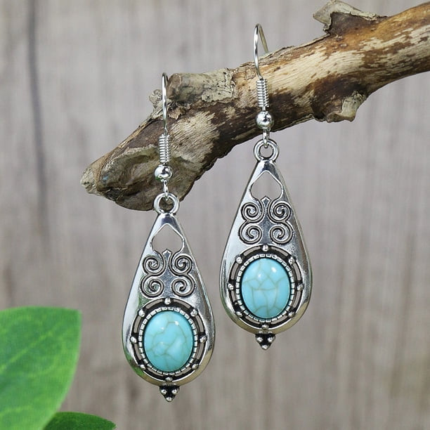 1pair Boho Style Vintage Earrings with Turquoise - Ancient Silvery Design for Women and Girls