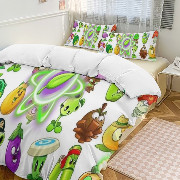 Plants Vs Zombies Quilt Set Thicken Soft 3 Pieces Bedding Set All Season Duvet Cove with 2 Pillowcases for Adult Women Girls Teens Home Room Decor