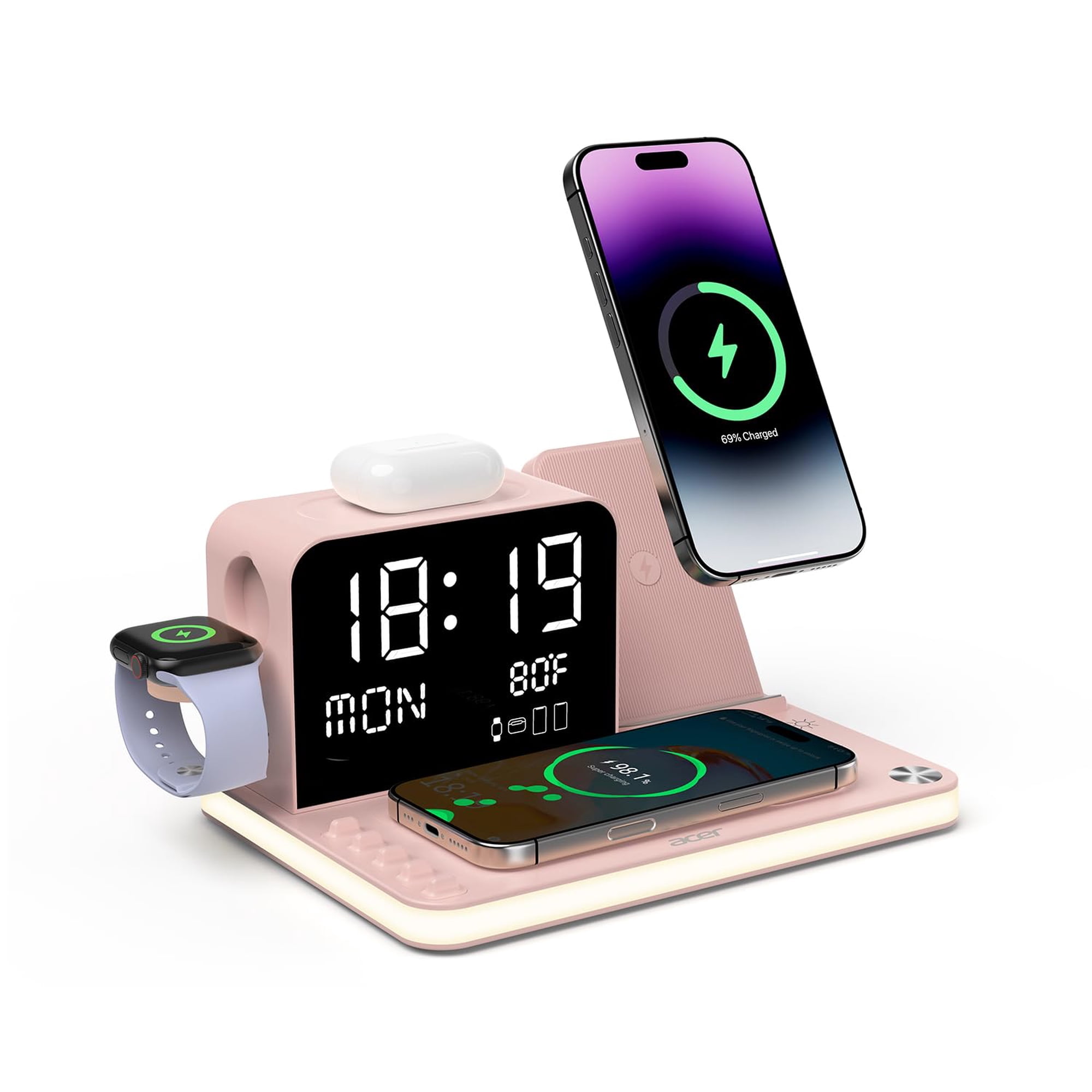 Estación De Carga Inalámbrica Acer 7 En 1 30w Reloj Led Rosa