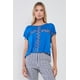 thumbnail image 1 of Top Azul Rey con Cuello Barco, Manga Corta, Transparente, Detalle de Corte Cruzado y Bordado Floral (Talla XS), 1 of 3