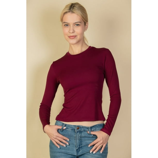 Top de Manga Larga con Cuello Redondo Acanalado
