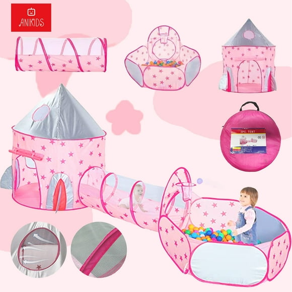 Carpa De Juegos Infantil 3 En 1 Castillo Piscina Tunel Niñas Rosa