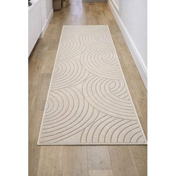 Alfombra Decorativa con Relieve 3D Diseño Geométrico Curvo Medidas 60 X 180 cm Color Beige 35