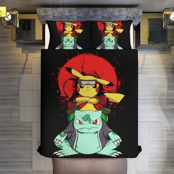 Pokmon Bulbasaur 3 Piece Sets Full/Queen Size - Reversible Microfiber Quilts with Shams Soft Lightweight Bedspread Coverlet Comforter for All Season Bed Sheets