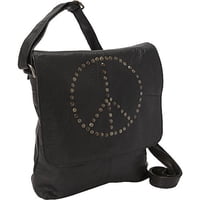 Cartera Mensajera Y Bandolera Sharo Peace Sign Cuero Negro Con Tachuelas De Latón