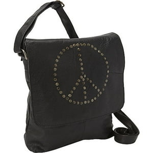 Cartera Mensajera Y Bandolera Sharo Peace Sign Cuero Negro Con Tachuelas De Latón