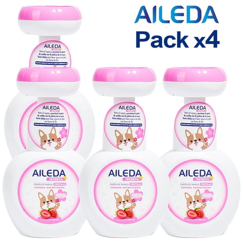 Aileda - Jabón Espuma Infantil (Flor) 300 Ml (Paquete De 4 Botellas )Aroma De Fresa