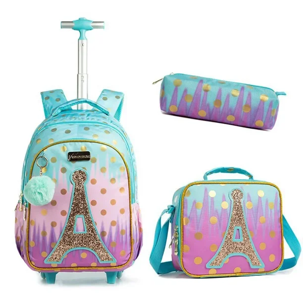 Children's Rolling Backpack Set Wheeled Schoolbag Kids Backpack with Insulated Lunch Bag and Pencil Case for Boys and Girls
