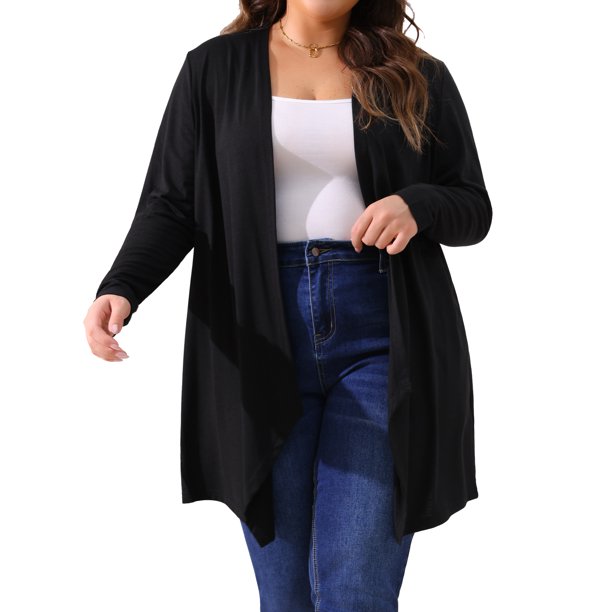 Agnes Orinda Cárdigan de Talla Grande para Mujeres Escuela Universidad Manga Larga Abierto al Frente Ligero Dobladillo Alto Bajo Cubiertas Draped 2X Negro