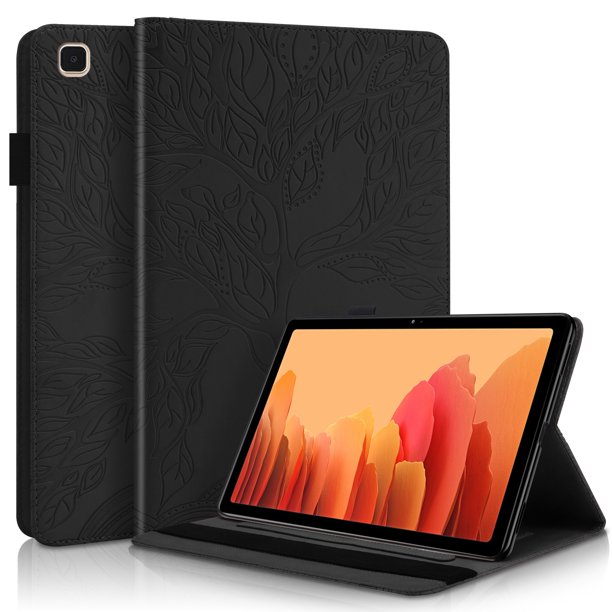 Funda con relieve del Árbol de la Vida para tablet Samsung Galaxy Tab A7 con soporte, ranuras para tarjetas y soporte para lápiz óptico. Negro