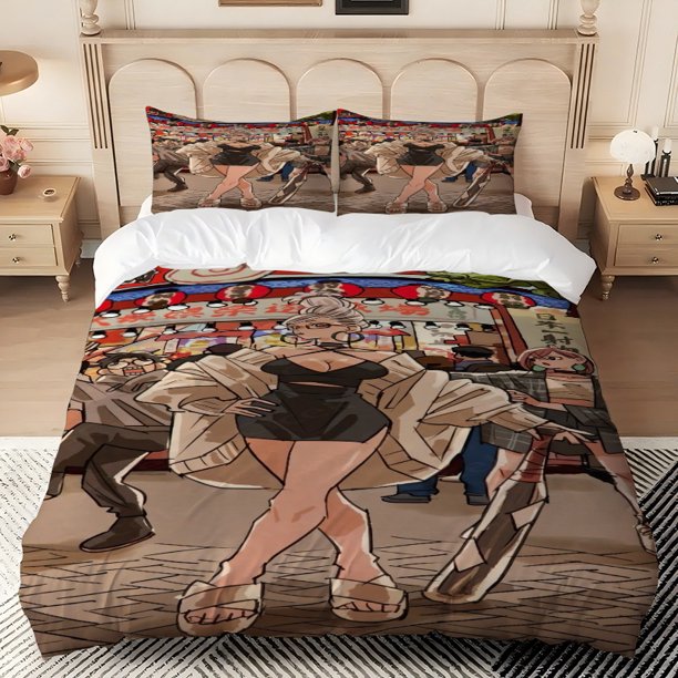 3pcs DandD Fashion Women's Japanese Night Market Illustration Theme Digital Print Bedding Set