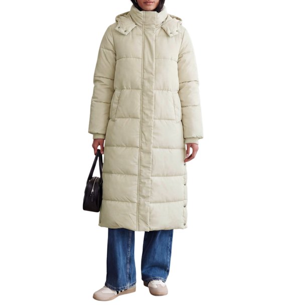 INSPIRE CHIC Abrigo Largo de Invierno para Mujer, Acolchado de Algodón con Botones, Dobladillo con Abertura, Parka con Cuello Alto, Capucha Desmontable, Chaqueta Acolchada Cálida, Grande, Blanca