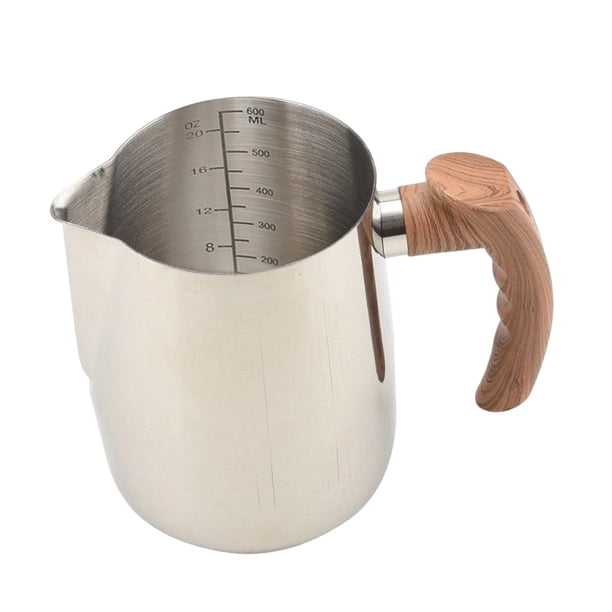 Taza para espumar leche Mango de madera Jarra de leche de acero inoxidable Taza Espumador Taza de café Jarra para espumar leche Coffeware para Holiday 600ML