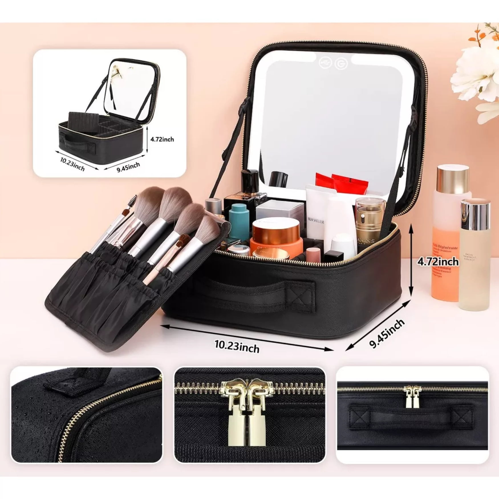 Movi - Cosmetiquero Organizador Con Espejo Y Luz Led Color Negro