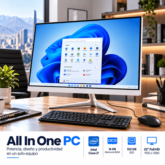 All In One PC Intel I7 16gb 512GB SSD Pantalla 22" FHD 1080p