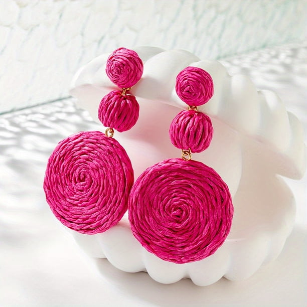 Elegant & Creative Vacation Style Raffia Braided Round Dangle Earrings - Perfect Gift for Women & Girls!