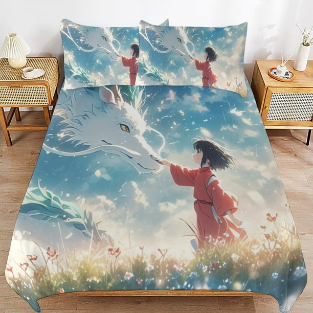 Spirited Away 3 Piece Anime Comforter Bedding 1 Set Super Soft Quilt Cover with 2 Pillowcases Funny Merch Anime Gifts for Girls Boys Kids Adults