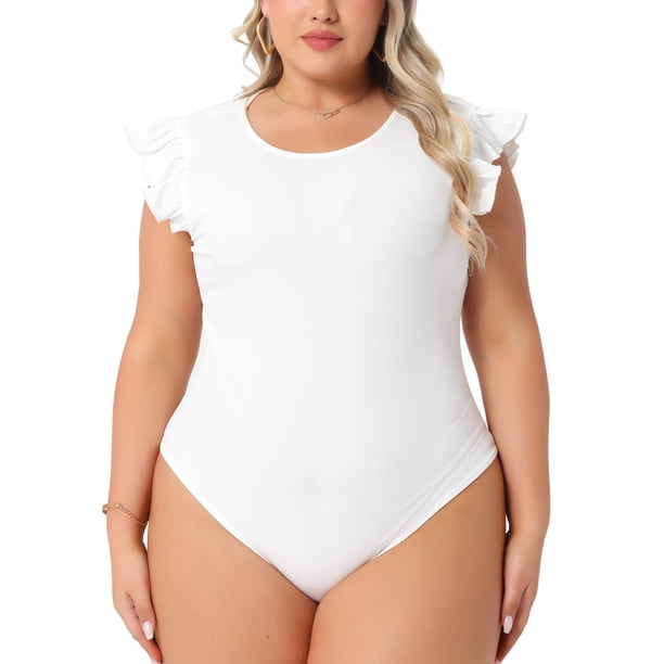 Agnes Orinda Women's Plus Size Bodysuit Elástico Cuello Redondo Volante Manga Corta Ajuste Ceñido Casual Básico Tops 2X Blanco